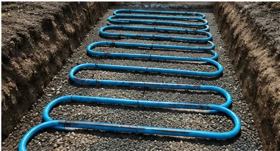 Geothermal ground loop pipework buried below ground